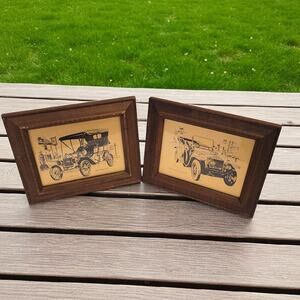 Gold Colored Prints Pictures 1915 Ford Model T 1909 Rolls Royce Framed Man Cave